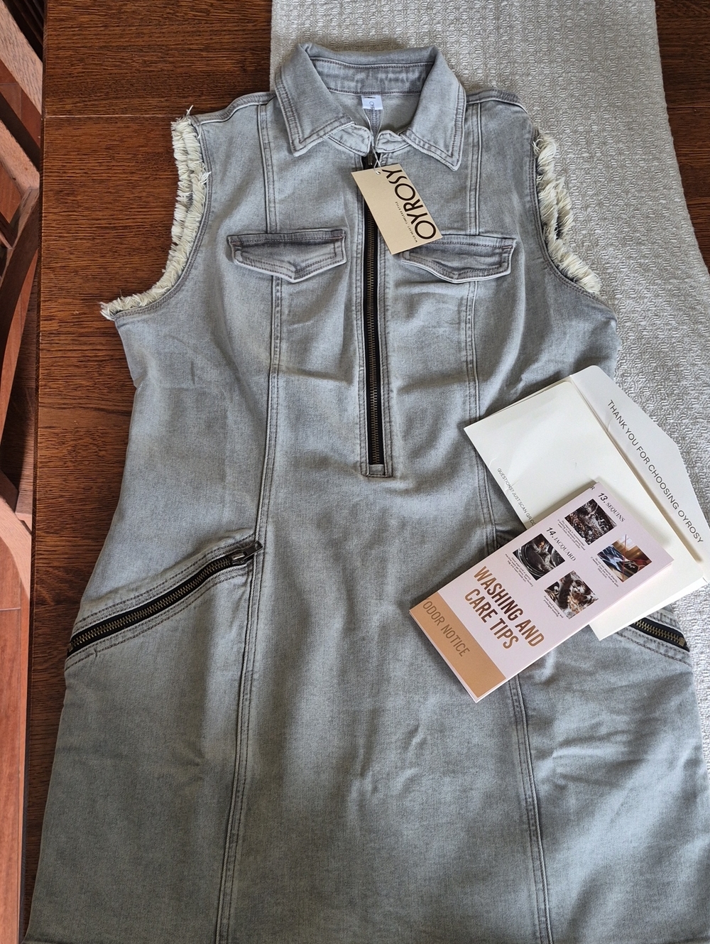 Oyrosy Womens Grey Denim Sleeveless Dress with Zip Details 32" Shouldertohem